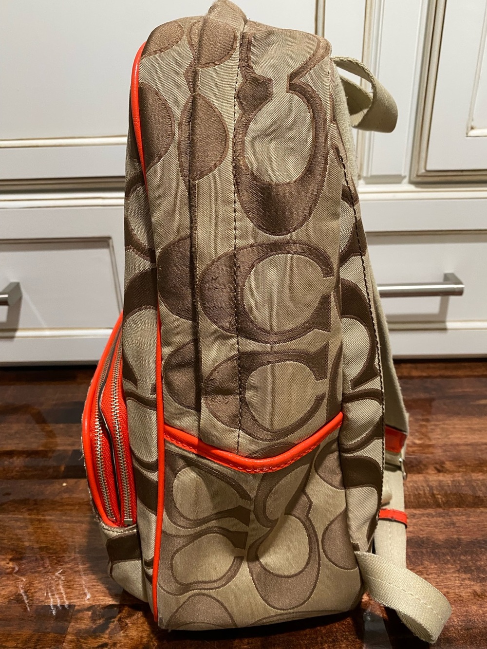 Coach Women Signature Canvas Backpack in Khaki with Orange Trim - Picture 7 of 16